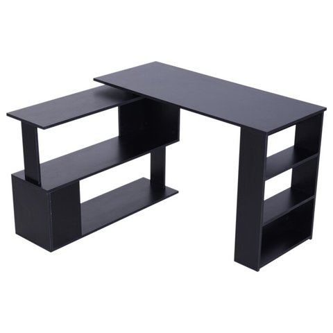 Mesa de Computador Giratória em Forma de L com Acabamento Preto e Estantes