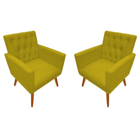 Kit 2 Poltronas Decorativa Nina Capitonê Couro Amarelo Pés Madeira Mz Decor