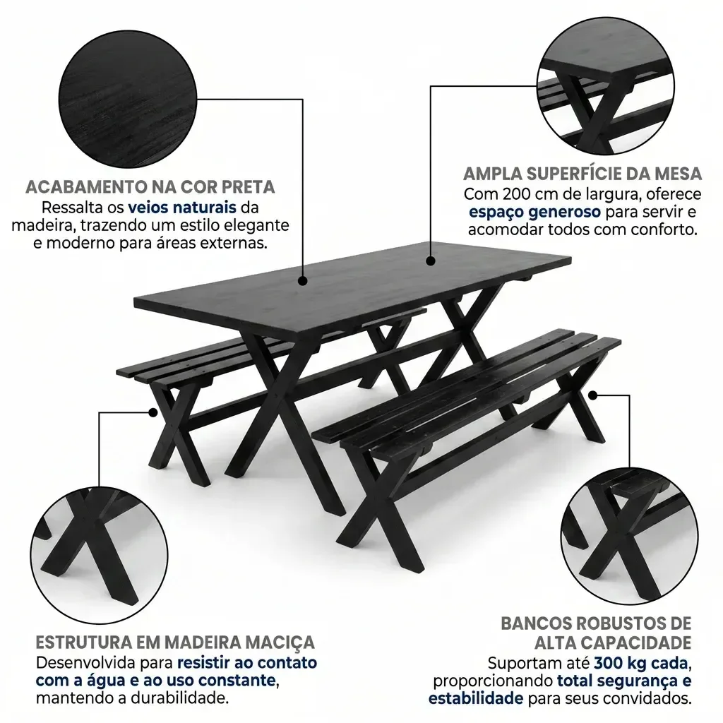 Ver imagem 4 de Mesa para Churrasco Área Externa com 2 Bancos Madeira Maciça 200cm Yescasa Preto