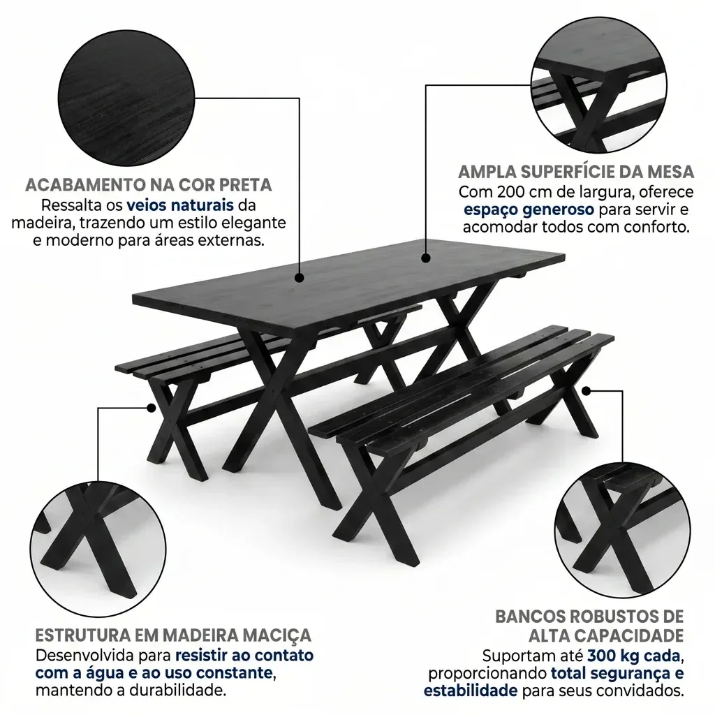 Ver imagem 4 de Mesa para Churrasco Área Externa com 2 Bancos Madeira Maciça 200cm Yescasa Preto