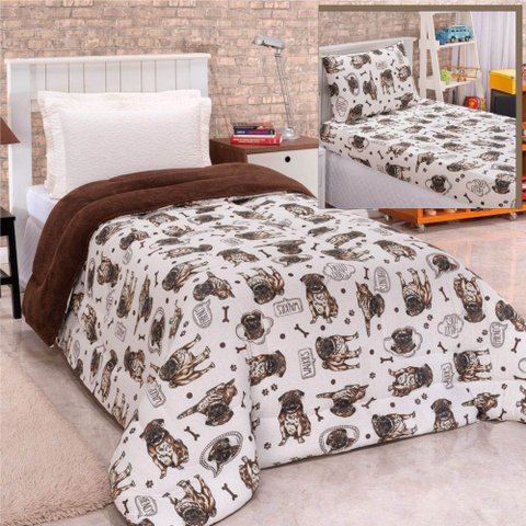 Coordenado Coberdrom Edredom e Lençol Solteiro 3 Peças Cão - Bege Top Chick