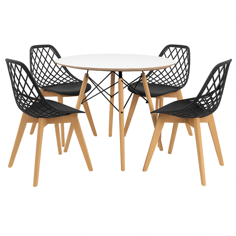 Conjunto Mesa Chanfrada Branca Eames 90cm + 4 Cadeiras Preta Kaila Wood - La Mobilia