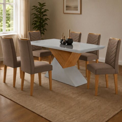 Sala de Jantar Aster 180 Tampo em MDF e Vidro com 6 Cadeiras Liz Moderna
