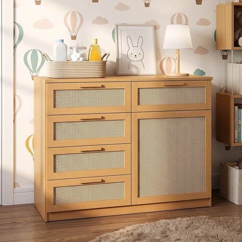 Cômoda 1 Porta 5 Gavetas Madeira Maciça e Rattan Magna Kids Casatema MadeiraOriginals Marrom/Mel