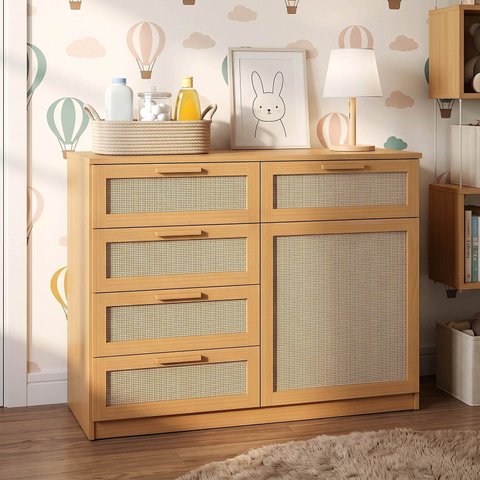 Cômoda 1 Porta 5 Gavetas Madeira Maciça e Rattan Magna Kids Casatema MadeiraOriginals Marrom/Natural