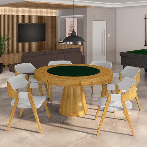 Conjunto Mesa de Jogos Carteado Bellagio Tampo Reversível Verde e 6 Cadeiras Madeira Poker Base Cone