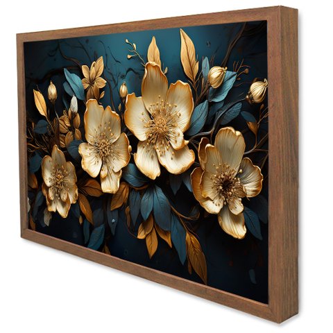 Quadro Decorativo Floral Luxo Flores Douradas em Moldura Caixa Tacolado Moldura Caixa 3cm Madeira Co
