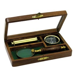 Kit Lupa De Aumento - Bussola - Luneta Em Estojo de Madeira Luxo MEI0007 - 1