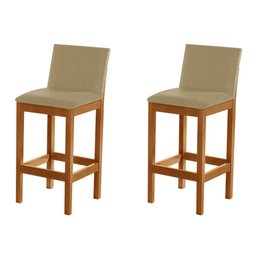Kit 2 Banquetas Alta Pérola com Encosto Estofada em Veludo Bege Madeira Maciça Castanho - 2