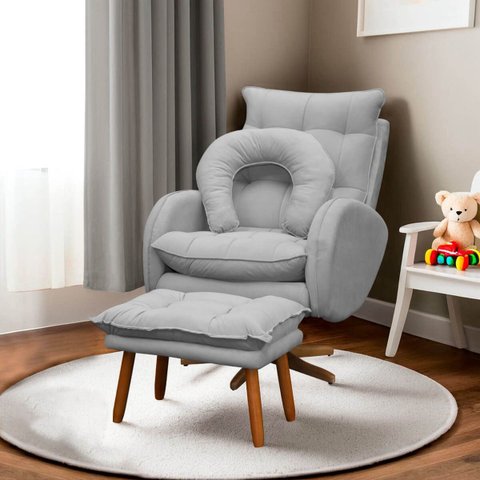 Kit Poltrona de Amamentação Base Giratória Balanço e Puff Angra Veludo - Sofa Store:Veludo Cinza Cla