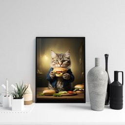 Quadro Cozinha Gato Comendo Hamburguer 33x24cm:moldura Branca - 2