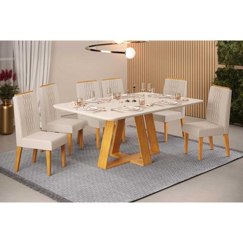 Conjunto: Mesa de Cozinha Celeste c/ Tampo Madeirado c/ Vidro Retangular 160x90cm e 6 Cadeiras Lia