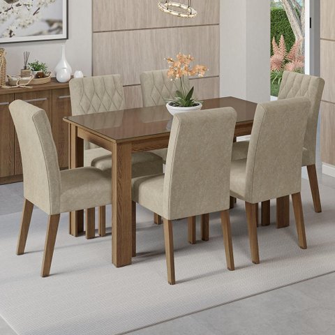 Conjunto Sala de Jantar Mesa Tampo de Vidro 6 Cadeiras Odara Madesa
