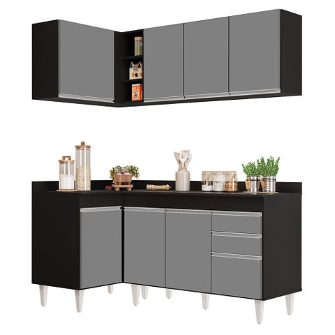 Armário de Cozinha Modulado de Canto Direito 4 Peças Cp38 Balcão com Tampo Preto/cinza - Lumil Lumil