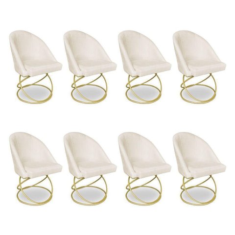 Kit 08 Cadeiras Poltrona de Jantar Bela Veludo Bege Base Metálica Luxo Dourado - Pallazio