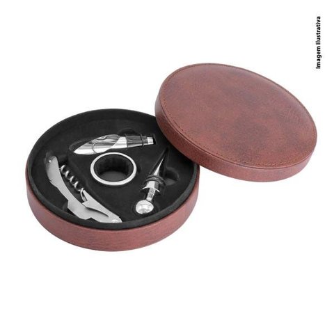 Kit de Vinho com Estojo em Couro com 4 Peças