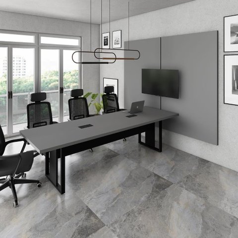 Mesa Escritório 2,70m 2 Cx de Tomada e Painel de Tv Duplo F5 Cor:cinza Sagrado com Preto