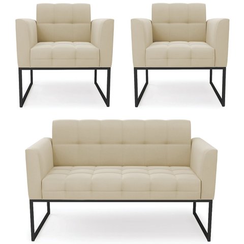 Sofá Namoradeira e 2 Poltronas Base Industrial Preto Ana Suede Bege - Ibiza