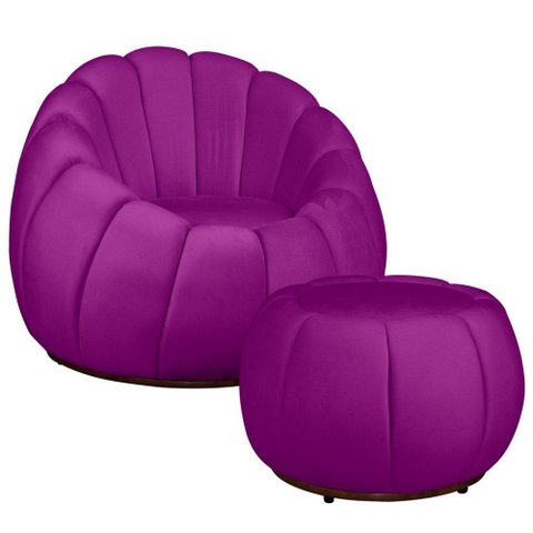 Kit Poltrona Base Giratória e Puff Concha Decorativo Veludo Cor Roxo