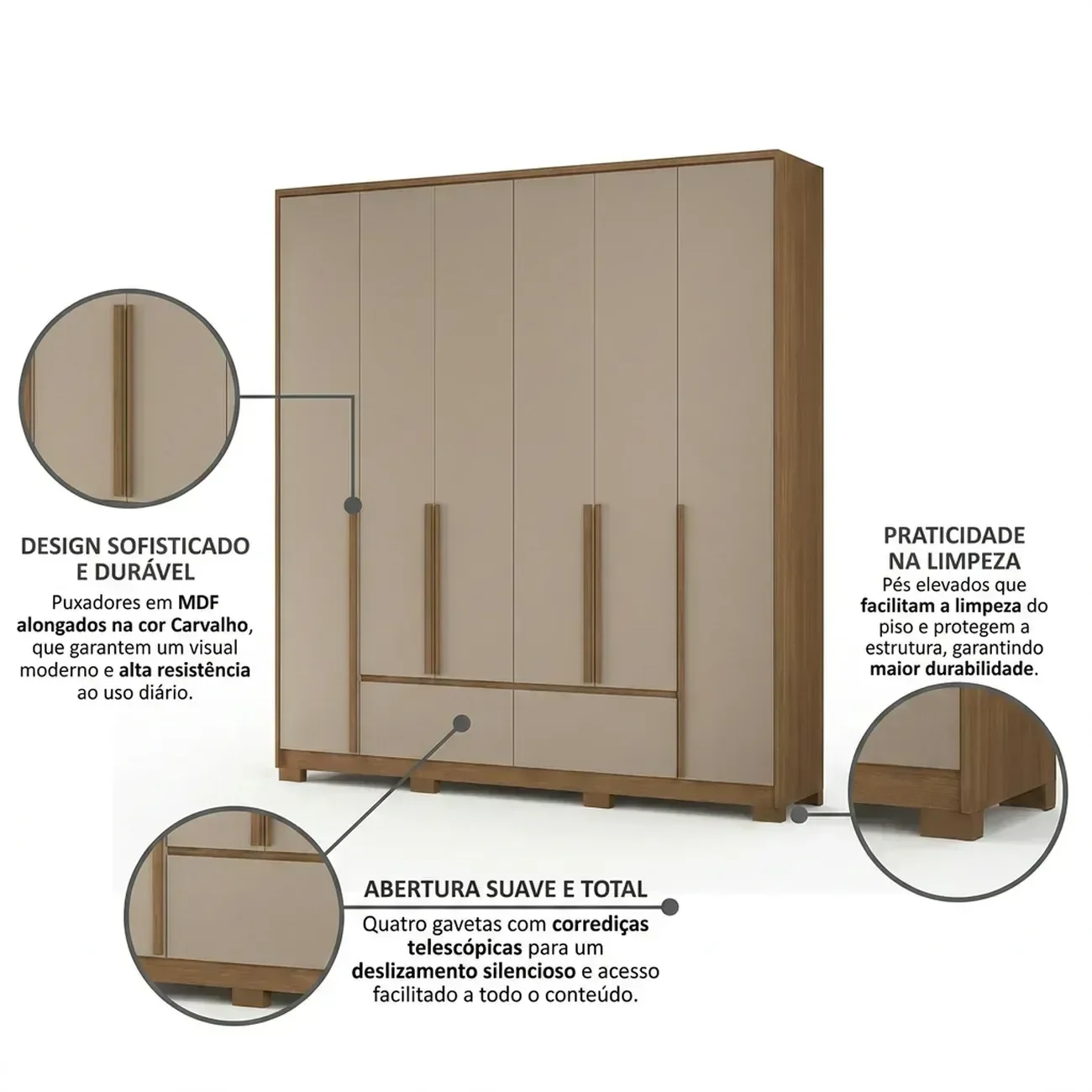 Ver imagem 4 de Guarda-Roupa Casal 6 Portas 4 Gavetas com Pés Denver Carvalho e Fendi