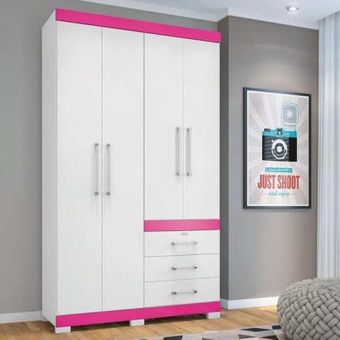 Guarda-Roupa Solteiro 4 Portas e 3 Gavetas com Pés Plus Flex Branco/Fucsia