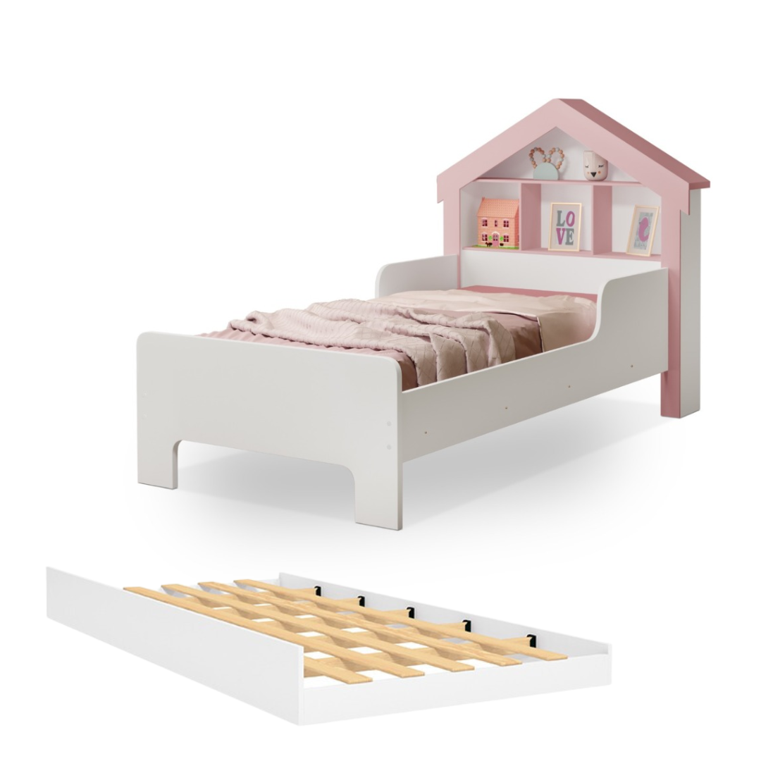 Bicama Solteiro Cama Casinha de Princesa Cristal Infantil:branco/ Rosé