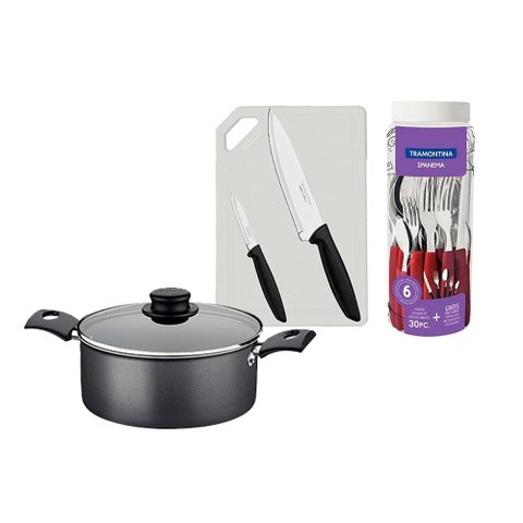 Caçarola Turim Alumínio Chumbo Antiaderente 2,0l + Faqueiro Ipanema 30pc + Tábua e Facas -