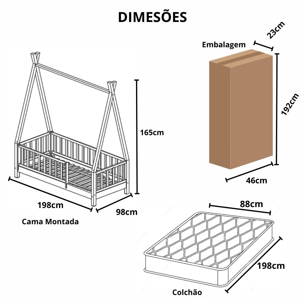 Bicama Solteirão Cabana Montessoriana Madeira Maciça Pinus - Branco - Grade Vertical Completa - 2