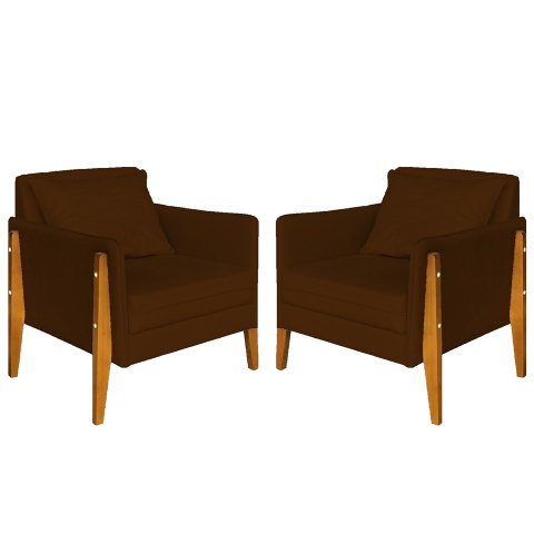 Kit 2 Poltronas Decorativa Sophia Suede Marrom Pés Madeira Mz Decor