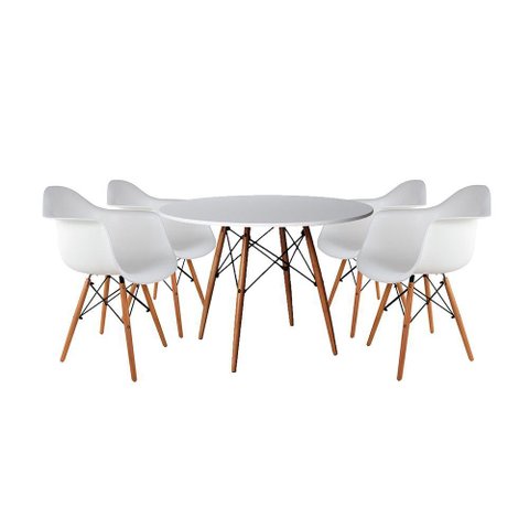 Mesa de Jantar Redonda em Madeira 90cm Branca com 4 Poltronas Brancas Branco