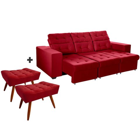 Sofá 4 Lugares Itália Plus 2,25m Retrátil, Reclinável, com 2 Puffs Pés Palito, Vermelho