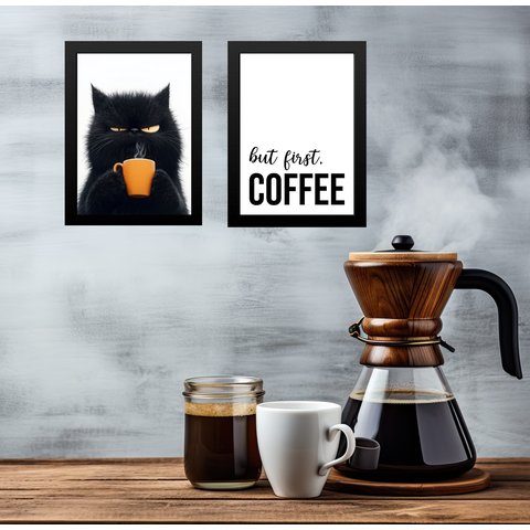 Kit 2 Quadros Café - Gato Emburrado 24x18cm - com Vidro:moldura Branca