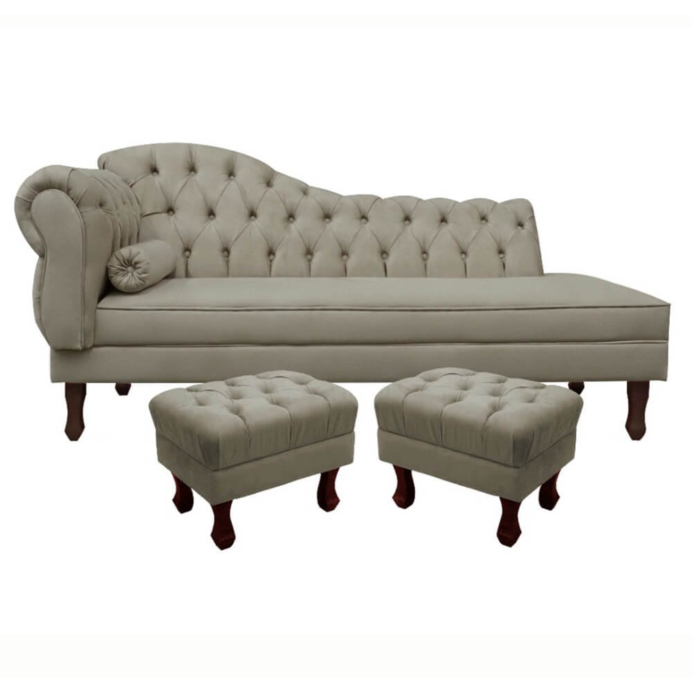 Divã Recamier Namoradeira Larissa 185cm com Capitonê - Direita + 02 Puffs Retrô Suede:bege