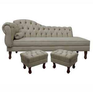 Divã Recamier Namoradeira Larissa 185cm com Capitonê - Direita + 02 Puffs Retrô Suede:bege