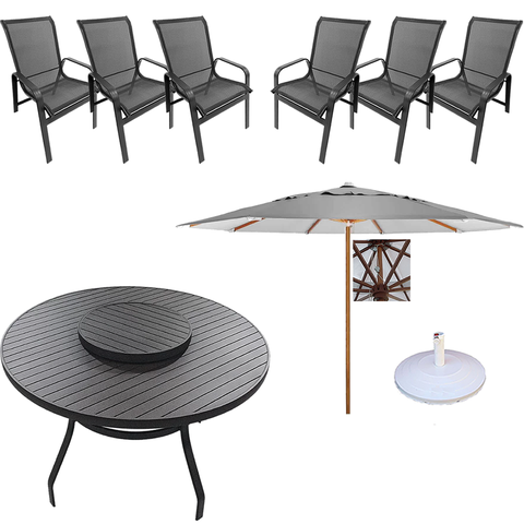Jogo com Mesa Giratória e 6 Cadeiras Piscina e Jardim + Guarda Sol com Base