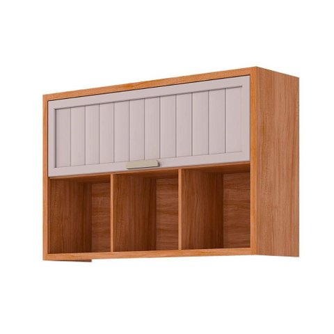 Armário Aéreo P/ Cozinha Eloise C/ 1 Porta Basculante Riscada e 3 Nichos 120 Cm Cinamomo/off White
