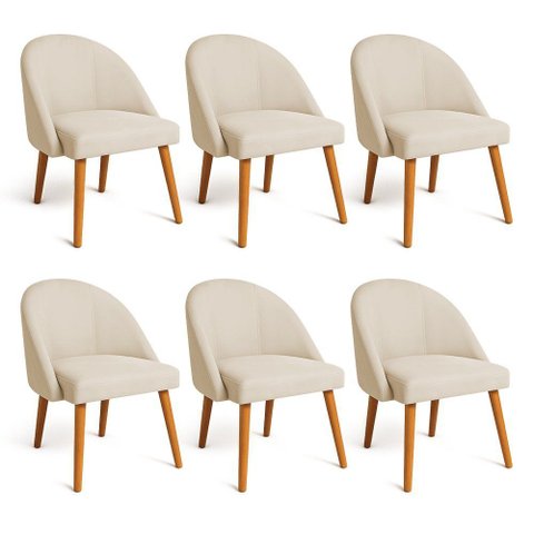 Kit 06 Cadeiras Poltrona de Jantar Luna Suede Bege Pés Palito Castanho