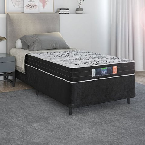Cama Box Solteiro Sintético Preto com Colchão de Espuma Semi Ortopédica Extra Firme Resistente Preto