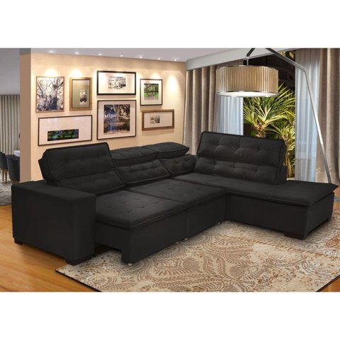 Sofá 5 Lugares Canto 2,80x2,20 M Sttilo Retrátil e Reclinável Chaise e Pillow e Molas Preto - Megasu