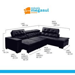 Sofá 5 Lugares Canto 2,80x2,20 M Sttilo Retrátil e Reclinável Chaise e Pillow e Molas Preto - Megasu - 3