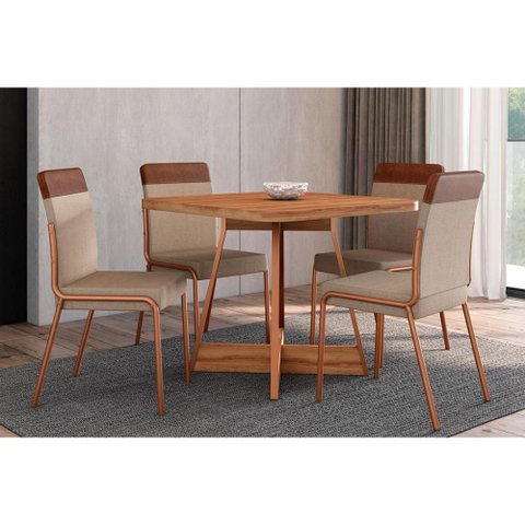 Sala de Jantar Completa Átria 1593 Aço C/ Tampo Madeirado 90x90cm e 4 Cadeiras Duo Rose/freijó/