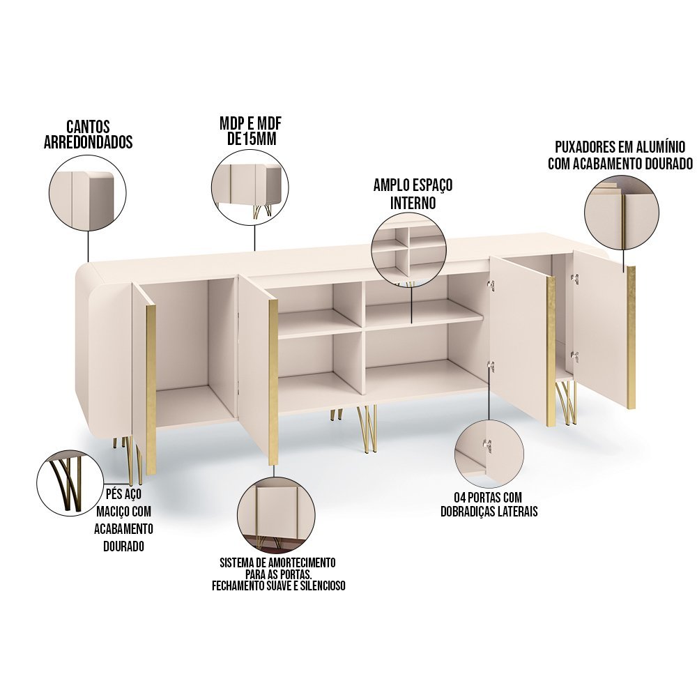 Aparador Buffet Bar Living Para Sala de Estar 04 Portas 220 cm Santiago B01 Off White - Lyam Lyam De - 4