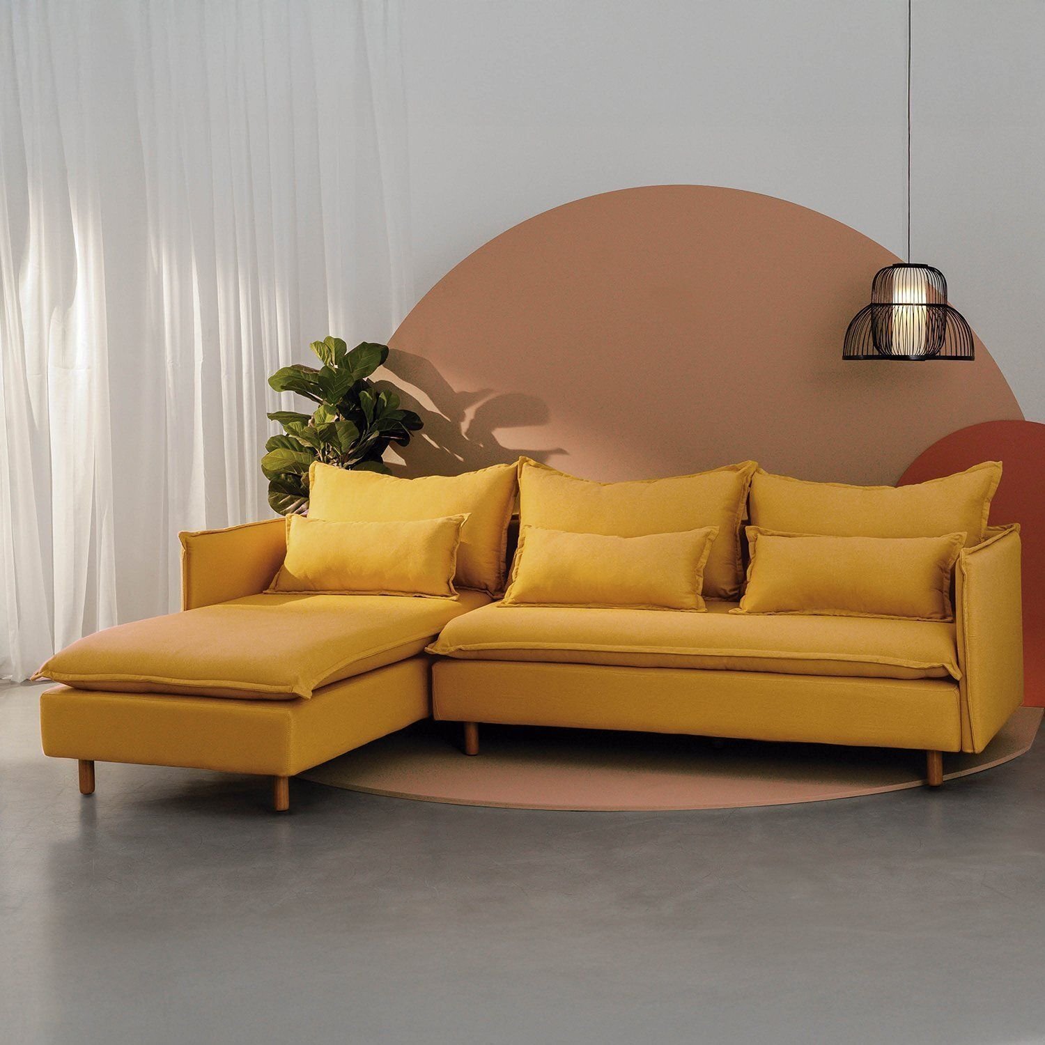 Sofá Modular 3 Lugares com Chaise e Pé Madeira Sôma CabeCasa
