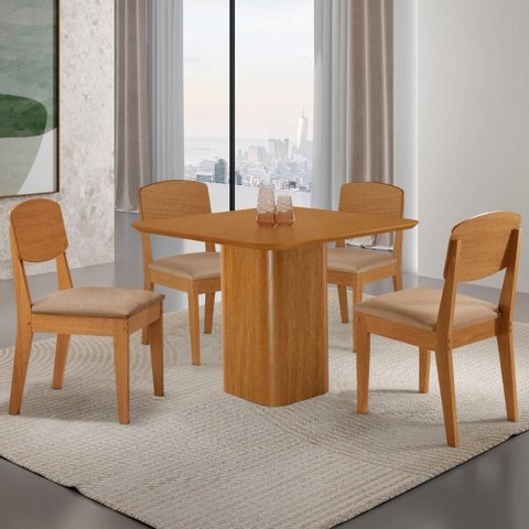 Conjunto Mesa de Jantar 90cm com 4 Cadeiras 100% MDF Multimóveis Crrft-CON053 Madeirado/Bege