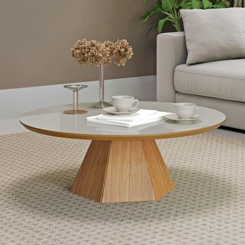 Mesa de Centro Sala de Estar 90cm MDF Dalla Costa Casa Lar Cor:Off White com Freijó