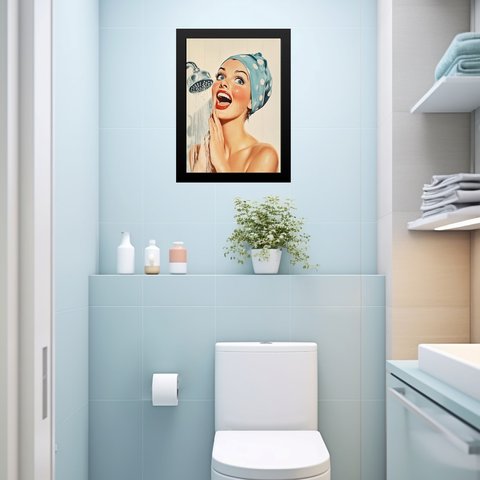 Quadro Decorativo de Banheiro Pin Up Girl 33x24cm:moldura Preta