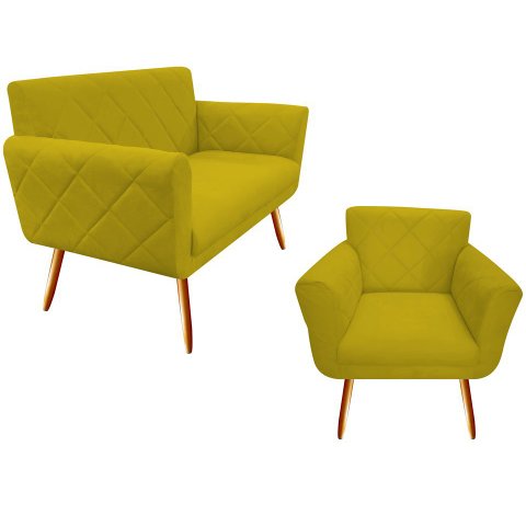 Kit Namoradeira + 1 Poltrona Decorativa Sabrina Couro Amarelo Pés Madeira Mz Decor