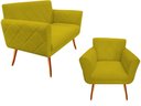 Ver imagem 1 de Kit Namoradeira + 1 Poltrona Decorativa Sabrina Couro Amarelo Pés Madeira Mz Decor