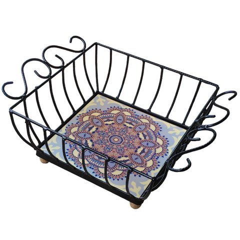Fruteira de Mesa Ferro e Azulejo Quadrada Grande pra Cozinha Azulejo G6