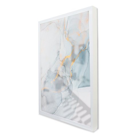 Quadro Decorativo Caixa Alta com Vidro Abstrato Mármore Azul Suave TaColado Moldura Branca 120 x 80c